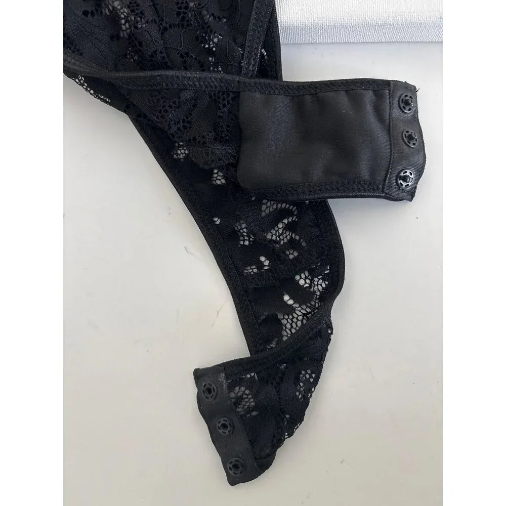Y2K Bodysuit Small Sheer Lace Floral Embroidered Black Mesh Open Back Lingerie - Picture 15 of 16